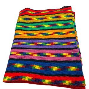 Handmade Crochet Striped Multicolor Blanket Oversized Throw Rainbow 87 x 54 in